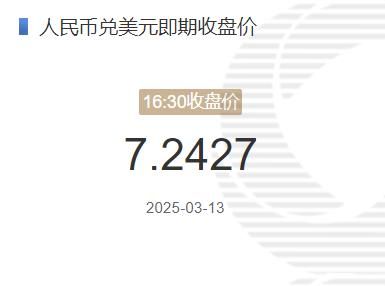 3月13日人民币兑美元即期收盘价报7.2427 较上一交易日上调18个基点(2025年03月13日)